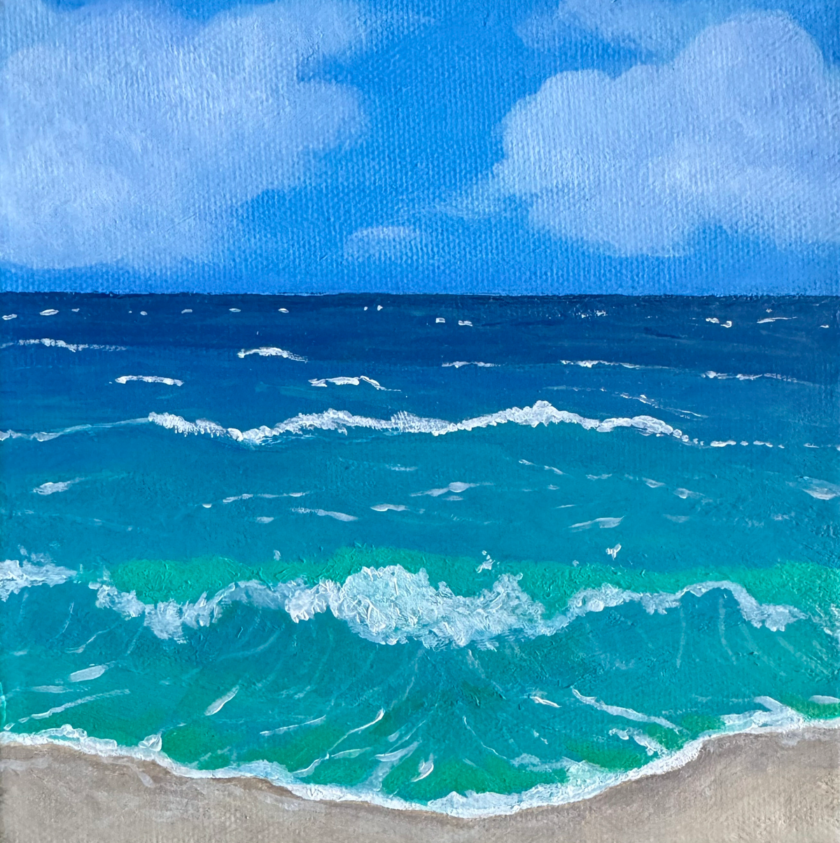 A photo of a 6in x 6in painting of a beach scene with blue ocean waves and sky.