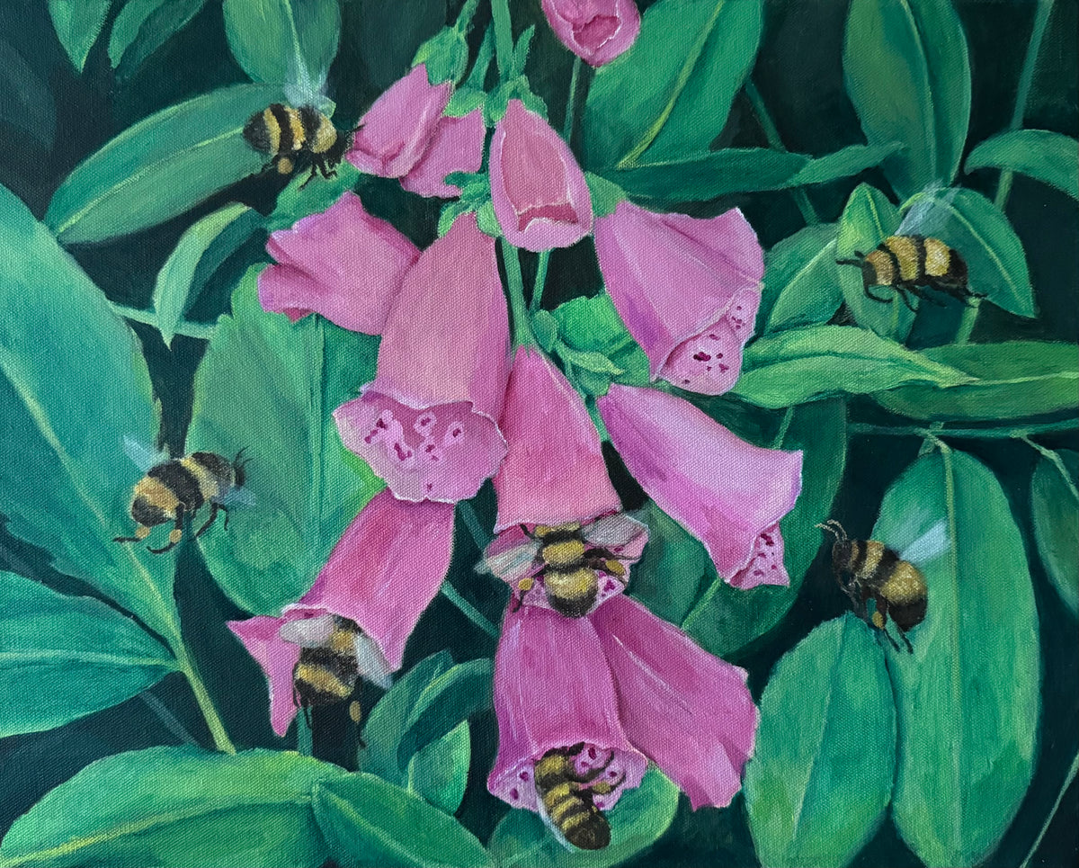 A close-up photo of a painting of pink foxglove flowers surrounded by green leaves and seven bees