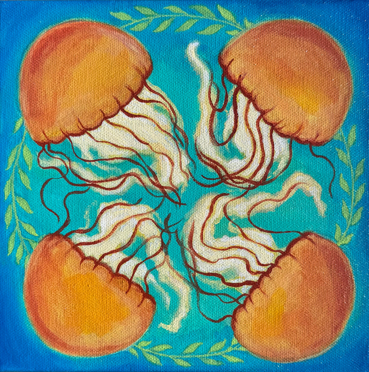A square canvas painting of four orange jellyfish arranged symmetrically on a blue green background with green leafy accents