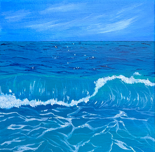 Photo of 6in x 6in painting of a blue ocean with waves and a blue sky with cloud wisps.