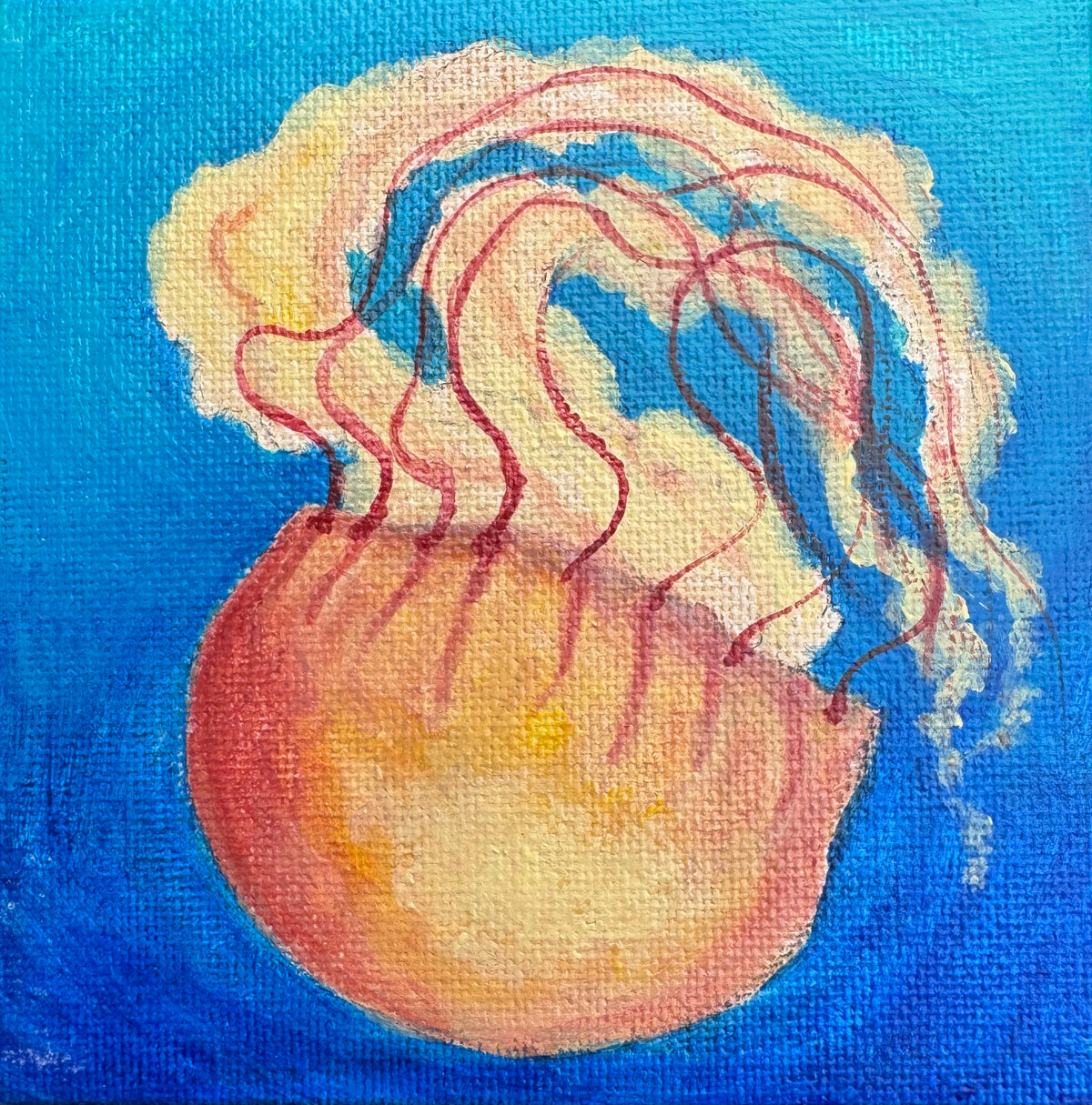 Small picture of artwork of an orange jellyfish floating upside down 