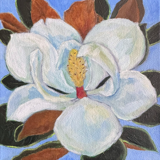 Small photo of a painted magnolia flower with large white petals, a yellow stamen center, a small red center, and dark green to brown leaves against a light blue background.