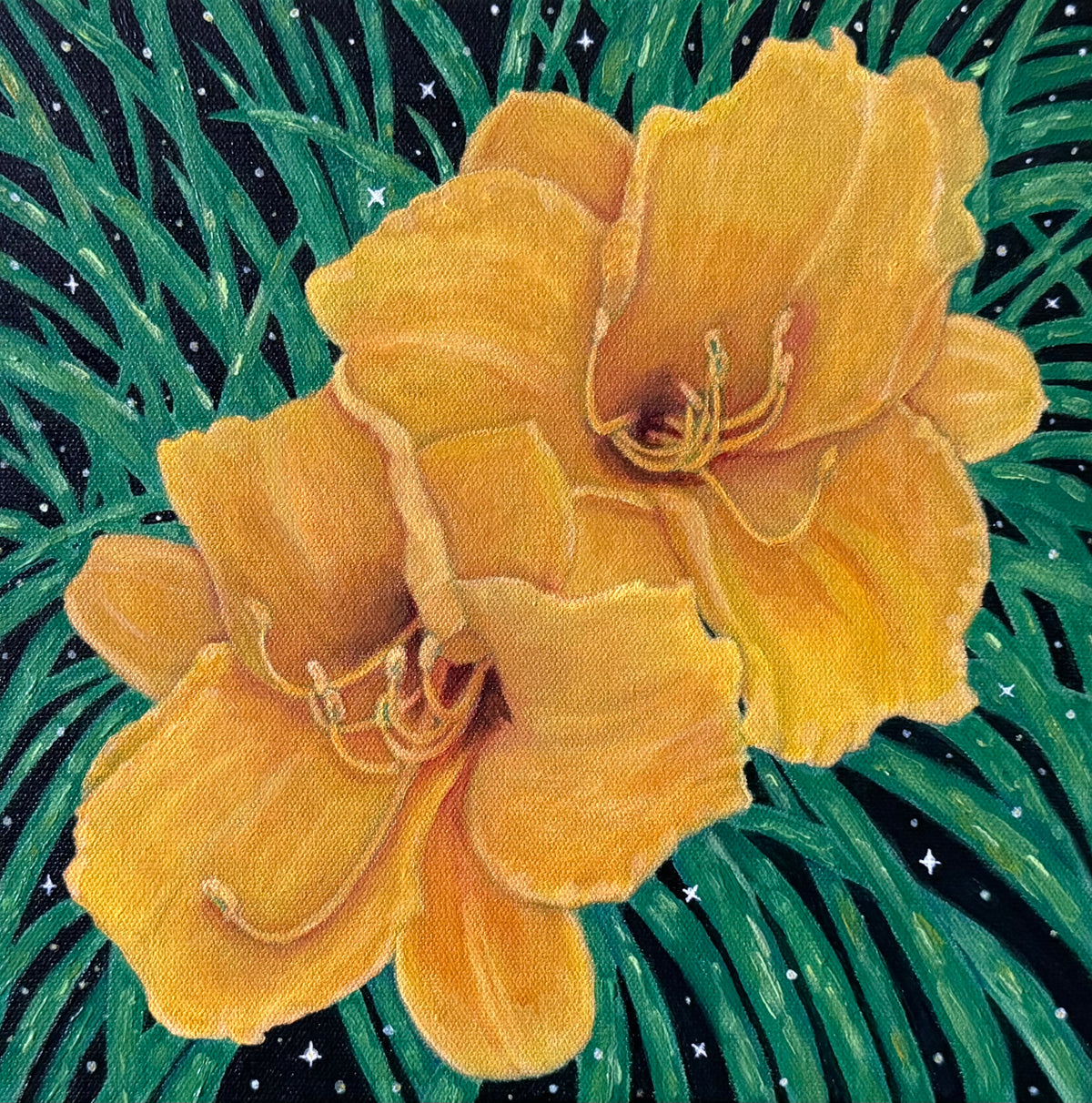 A picture of floral artwork showing two large yellow flowers with green leaves against a dark starry background